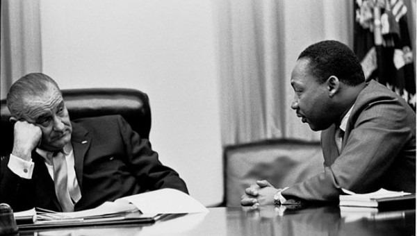 Martin Luther King, Jr., with Pres. Lyndon B. Johnson. (Yoichi R. Okamoto via Wikimedia Commons)