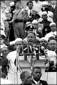 mlkihaveadreamgogo King giving his most famous speech in the shadow of the Lincoln Memorial in Washington, D.C. (American Rhetoric, public domain)